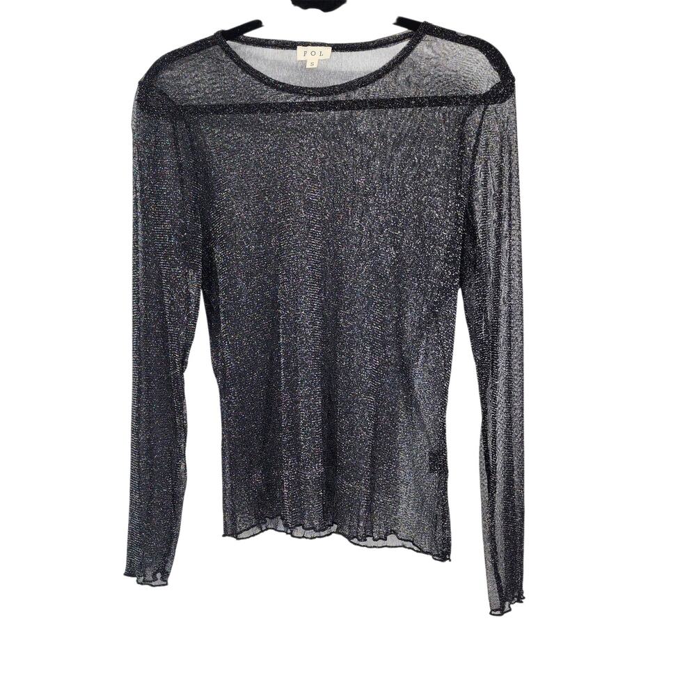 NWOT POL Black Metallic Shimmer Lettuce Hem Sheer Mesh Long Sleeve Top Size S